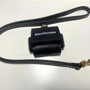 Balenciaga Large EarPods Pro Case Black Logo Leather Holder with Lanyard
